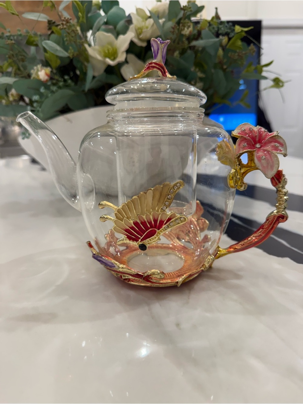 Elegant Glass Teapot & Tea Cup Set with Floral Handles | Includes Spoon